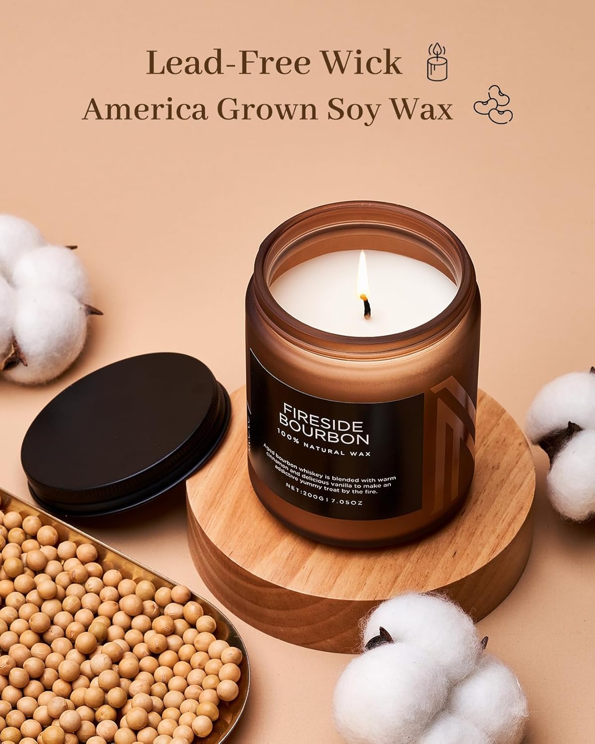 M&SENSE Fireside Bourbon Jar Candle, Clean Non-Toxic Soy Wax Campfire Candle Smoky Candle, Cotton Fall Scented Candle for Home Decor, 7.05oz Up to 50 Hours Burn Time Aromatherapy Candle for Bathroom - Image 3