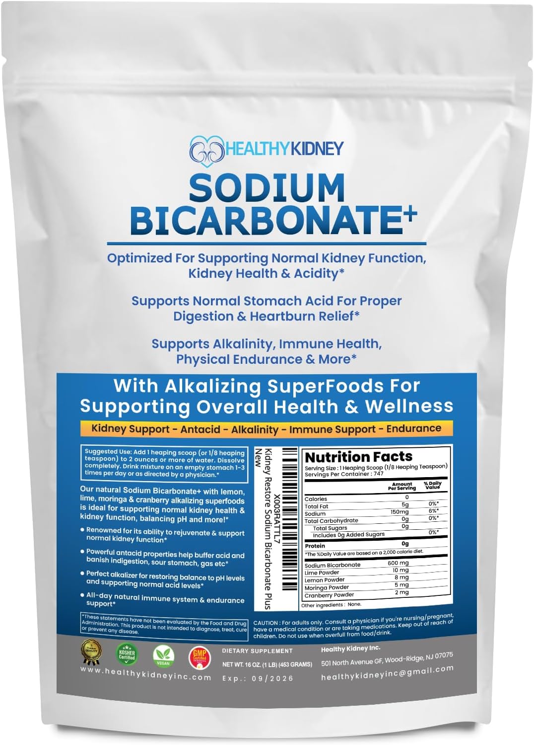 Organic Use Sodium Bicarbonate Alkaline Supplement for Alkalinity. Support Kidneys & Stomach Acid Neutralizer w/Alkaline Superfoods. Sodium Bicarbonate Powder Kidney Immune Support Antacid Sports 1LB