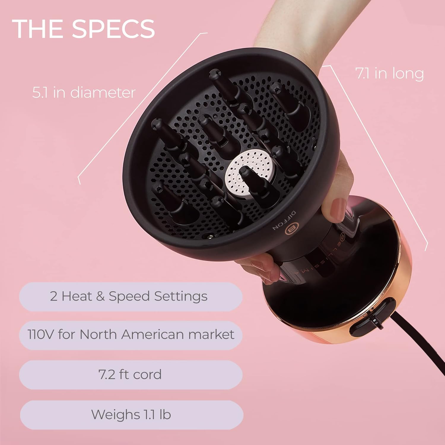 Bellissima Italia Lightweight Ceramic Hair Diffuser Dryer with Argan Oil, Curly Hair, 5000 Watts - Image 4