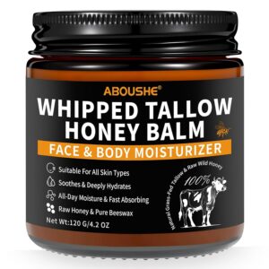 Beef Tallow for Skin - Organic Grass-Fed Whipped Beef Tallow and Honey Balm with Wild Honey & Beeswax, Beef Tallow for Face & Body Moisturizer, Natural Lotion for Sensitive and Dry Skin 4.2 oz
