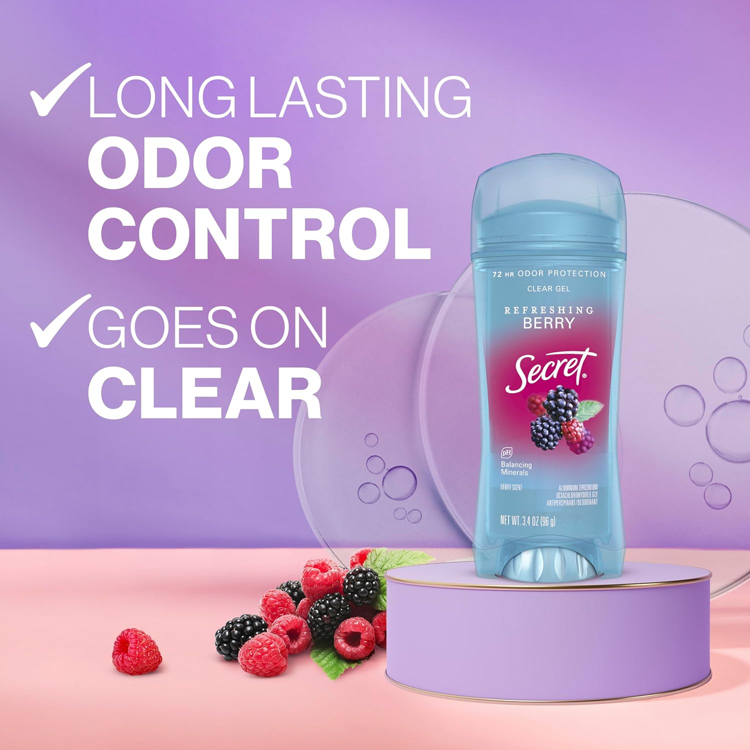 Secret Fresh Antiperspirant Deodorant for Women, 72hr Breathable Sweat & Odor Protection, Instant Freshness & Gentle, PH Balancing Minerals, Clear Gel, Refreshing Berry Scent, 3.4 oz - Image 2