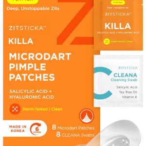 ZitSticka Killa Pimple Patches for Face - World's Most Potent Pimple Patch with Fast-Acting Microdarts - Starts Working within 6 Hours for Deep, Early-Stage Zits - Regular 8 Count with Cleana Swab