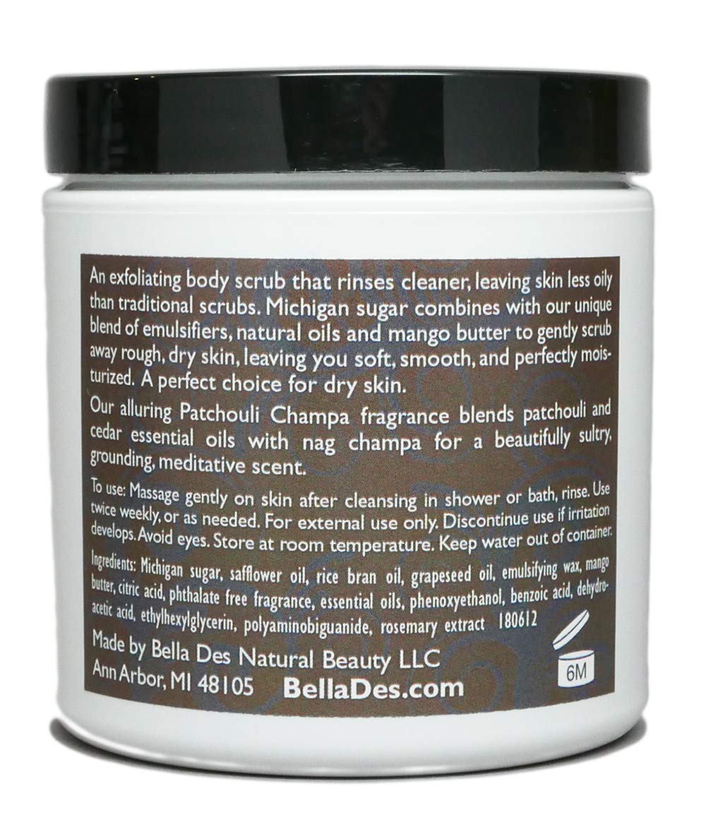 Patchouli Champa Exfoliating Sugar Scrub | Non-Greasy with Moisturizing Mango Butter and Patchouli Essential Oil | 10 ounces net wt | by Bella Des Natural Beauty - Image 3