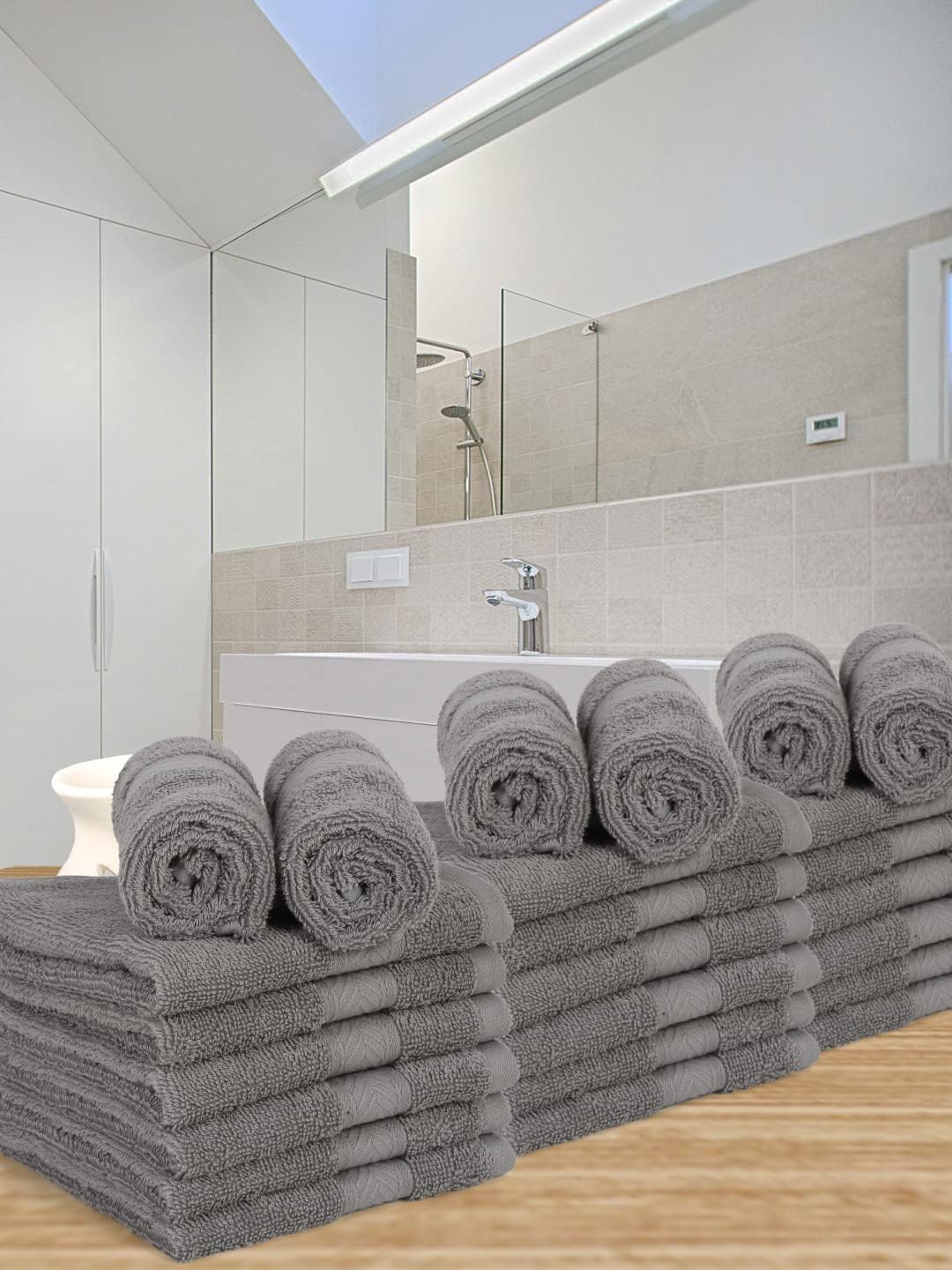 Casa Lino 24-Pack 100% Cotton Face Towels and Body Wash Cloths, Silver Grey, 12x12 Inch - Image 3