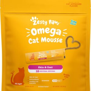Zesty Paws Omega Cat Mousse Squeezable Cat Treats - with Seaweed, Omega Fatty Acids, Antioxidants Vitamins & Minerals - Skin & Coat Support for Cats - Tuna Fish Flavor - 18 Count