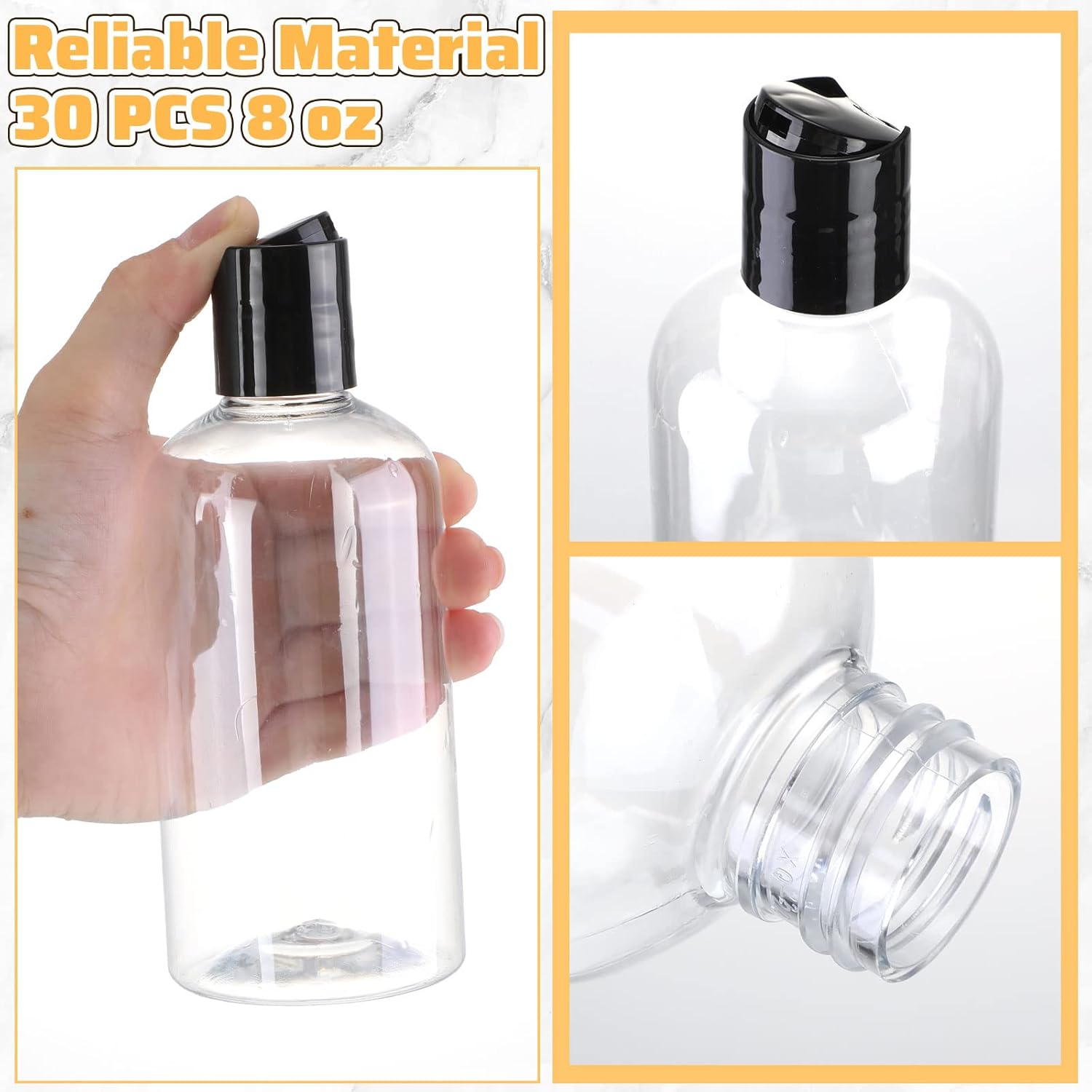 Irenare 30 Pieces 8 oz Travel Bottles with Black Disc Cap Refillable Clear Plastic Squeeze Empty Bottles Shampoo Travel Container for Body Wash Cream Lotion Conditioner Liquid Body Soap - Image 2