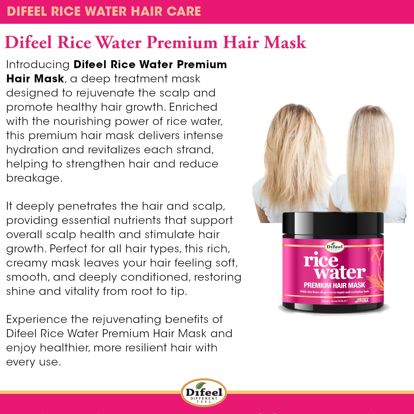 Difeel Rice Water Hair Care Ultimate Shampoo & Conditioner 6PC Set - Includes 33.8oz Shampoo, 33.8oz Conditioner, 12oz Hair Mask, 7.1oz Hair Oil, 7.1oz Root Stimulator & 8oz Leave in Spray - Image 6