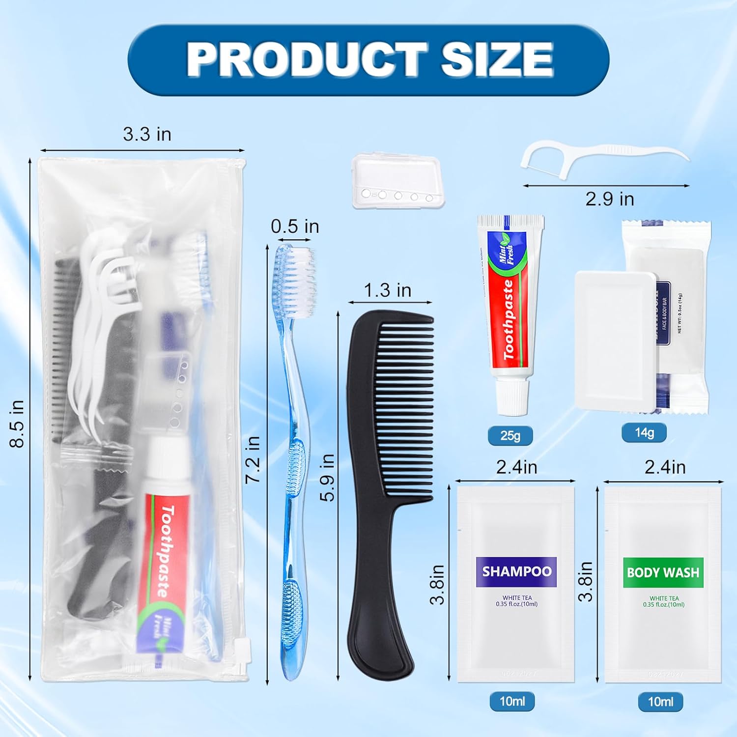 25 Piece Personal Hygiene Kit with Toothbrushes, Toothpaste, Soap, Shampoo, Floss Picks - Image 2
