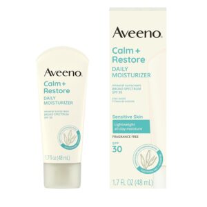 Aveeno Calm + Restore Daily Moisturizer Mineral Sunscreen with Broad Spectrum SPF 30, Lightweight All Day Moisture + UVA/UVB Sun Protection for Sensitive Skin, Fragrance Free, 1.7 fl. Oz