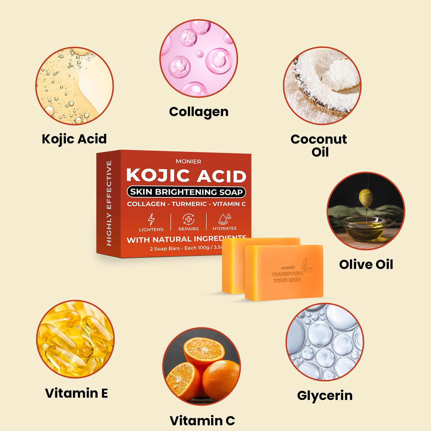 MONIER Kojic Acid Soap - Dark Spot Remover Soap Bars - with Collagen, Turmeric, Coconut Oil, Vitamin C, Vitamin E - Moisturizing & Nourishing - Original Japanese Complex - Image 5