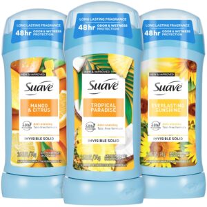 Suave Antiperspirant Deodorant for Women Variety 3-Pack – Tropical Paradise, Mango & Citrus + Everlasting Sunshine, Anti-Staining Invisible Solid, Talc-Free, 2.7 Oz Ea