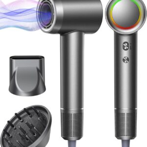 High-Speed Hair Dryer - 3 Min Fast Drying, Salon-Grade Blow Dryer with 500 Million Negative Ions, No Heat Damage, Low Noise, Lightweight, Professional Hairdryer with Diffuser & Nozzle, Gunmetal