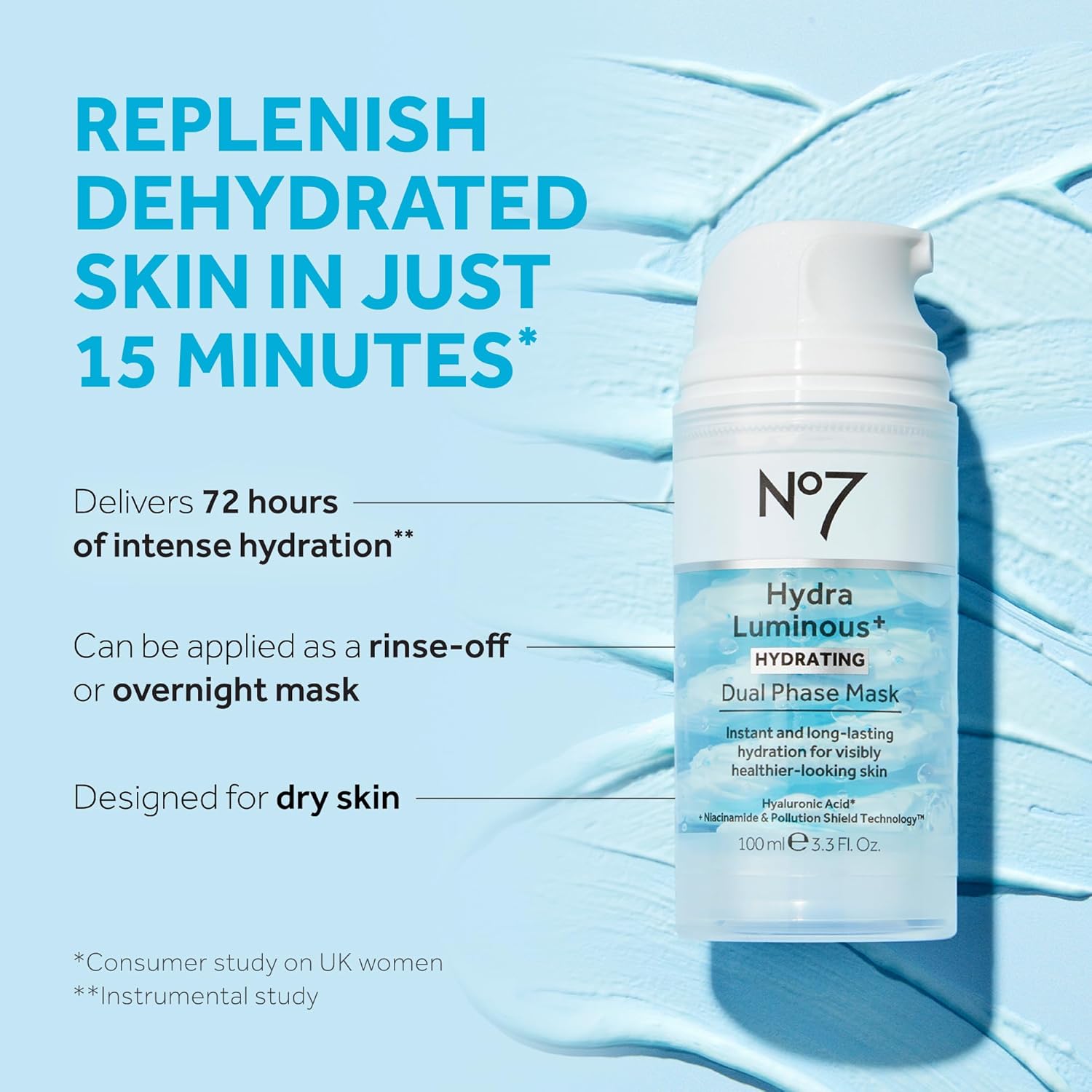 No7 HydraLuminous+ Hydrating Dual Phase Face Mask Hyaluronic Acid Vitamin B3 3.5 Fl Oz - Image 2