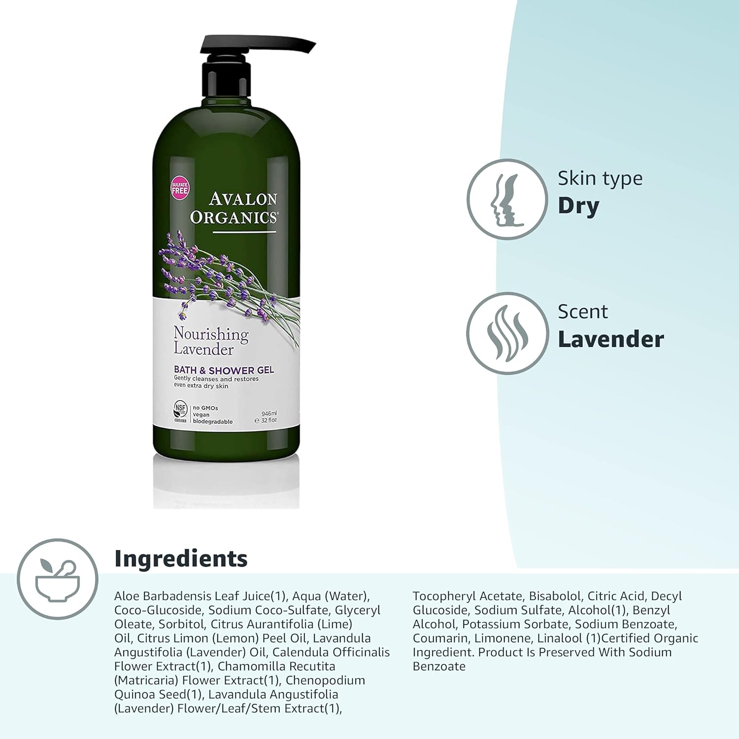 Avalon Organics Lavender Nourishing Bath & Shower Gel 32 Oz Bottle - Image 9