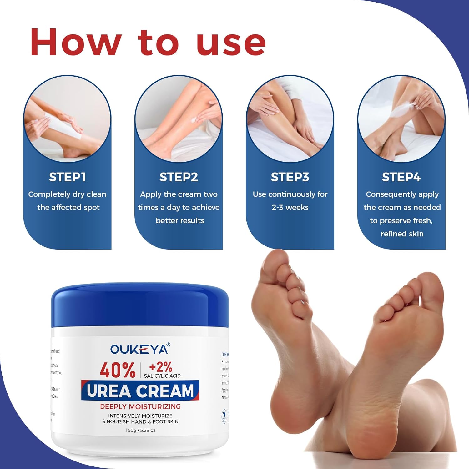OUKEYA NEW FORMULA Urea Cream 40% Plus 2% Salicylic Acid for Feet Maximum Strength, Dry Cracked Hand Heel Moisturizing Repair Lotion for Knees, Elbows, Removes Corns, Dead Skin Cream, 5.29 oz - Image 9