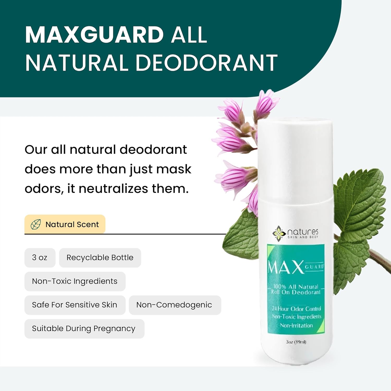 MaxGuard All-Natural Deodorant for Men & Women | 24-Hour Odor Protection | Aluminum-Free, Baking Soda-Free | Roll-On | Non-stain, Non-irritating Formula | Healthier, Long-Lasting Freshness | 3oz - Image 2
