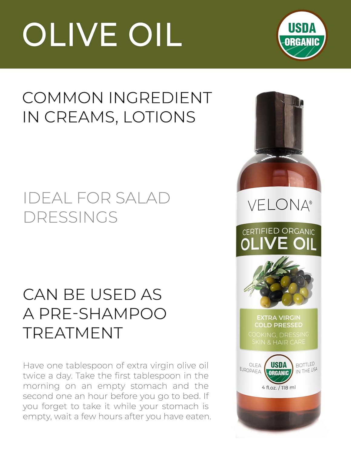 Velona USDA Certified Organic Olive Oil - 4 Fl Oz | 100% Pure and Natural Carrier Oil | Extra Virgin, Unrefined, Cold Pressed - Image 2