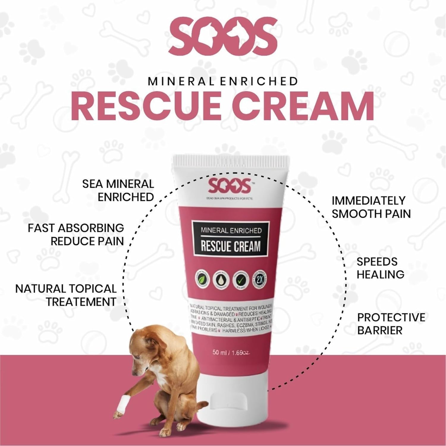 Soos Pets Pet Rescue Cream for Dogs and Cats | Natural Dead Sea Mineral Enriched | Fast Absorbing Reduce Pain | Topical Treatment of Injuries Cuts Sores Wounds Scratches Damaged Skin - 50ml - Image 4
