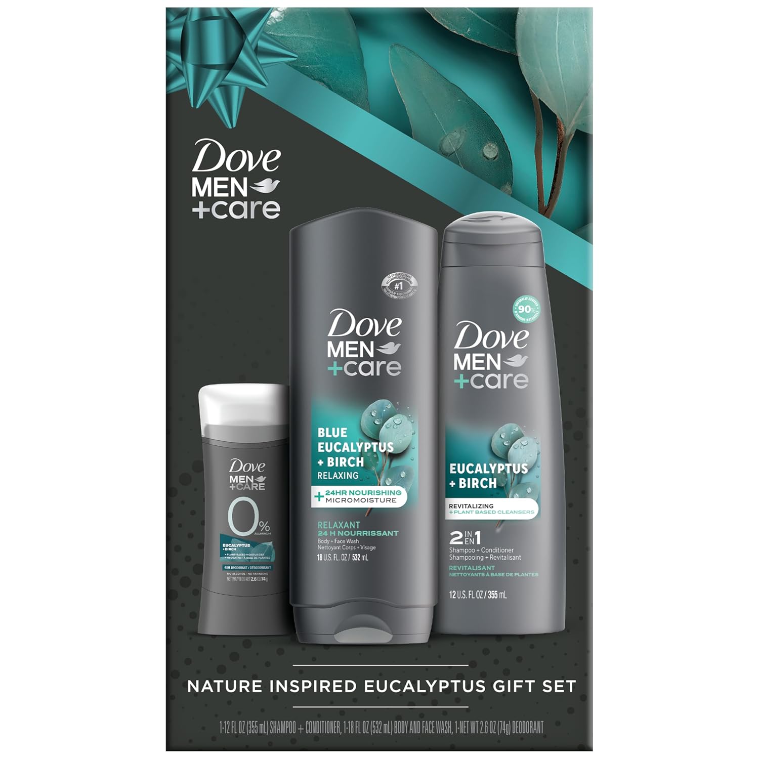 Dove Men + Care Bundle – Blue Eucalyptus + Birch Body + Face Wash, 2-in-1 Shampoo + Conditioner & 48H Aluminum-Free Deodorant (3 Piece Set)