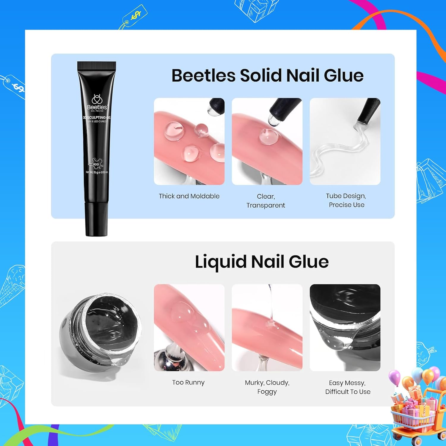 Beetles Sculpting Gel 3D Gel Nail Art Design - 3 in 1 Clear No Wipe Nail Polish Rhinestone Nail Art Glue for Nail Gems Diamond Jewelry Manicure - Image 5
