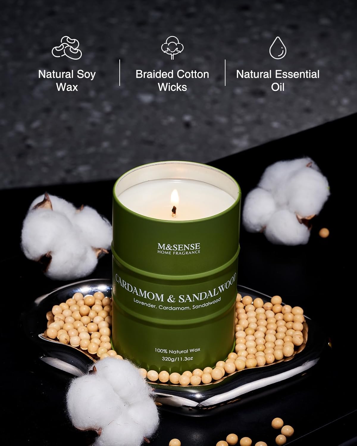 M&SENSE Cardamom Sandalwood Soy Scented Candles, Natural Organic Clean Burning Candles 11.3oz 70 Hours Long Lasting, Relaxing Aromatherapy Candles Gifts for Stress Relief - Image 3