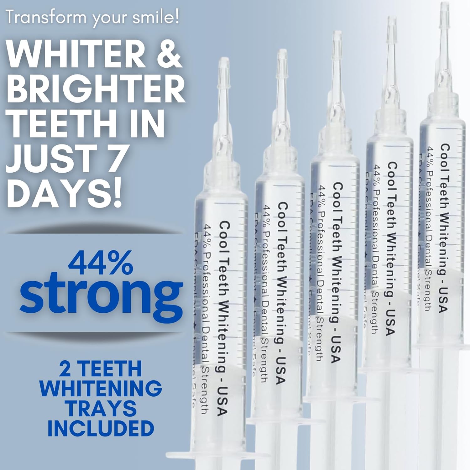 Teeth Whitening Gel for Trays 5 Pcs Fast Acting Teeth Whitening Gel Refill with Strongest 44% Carbamide Peroxide Gel, 2 Bleach Trays Included for Teeth Bleach, Enamel Safe, Gluten Free and Vegan - Image 2