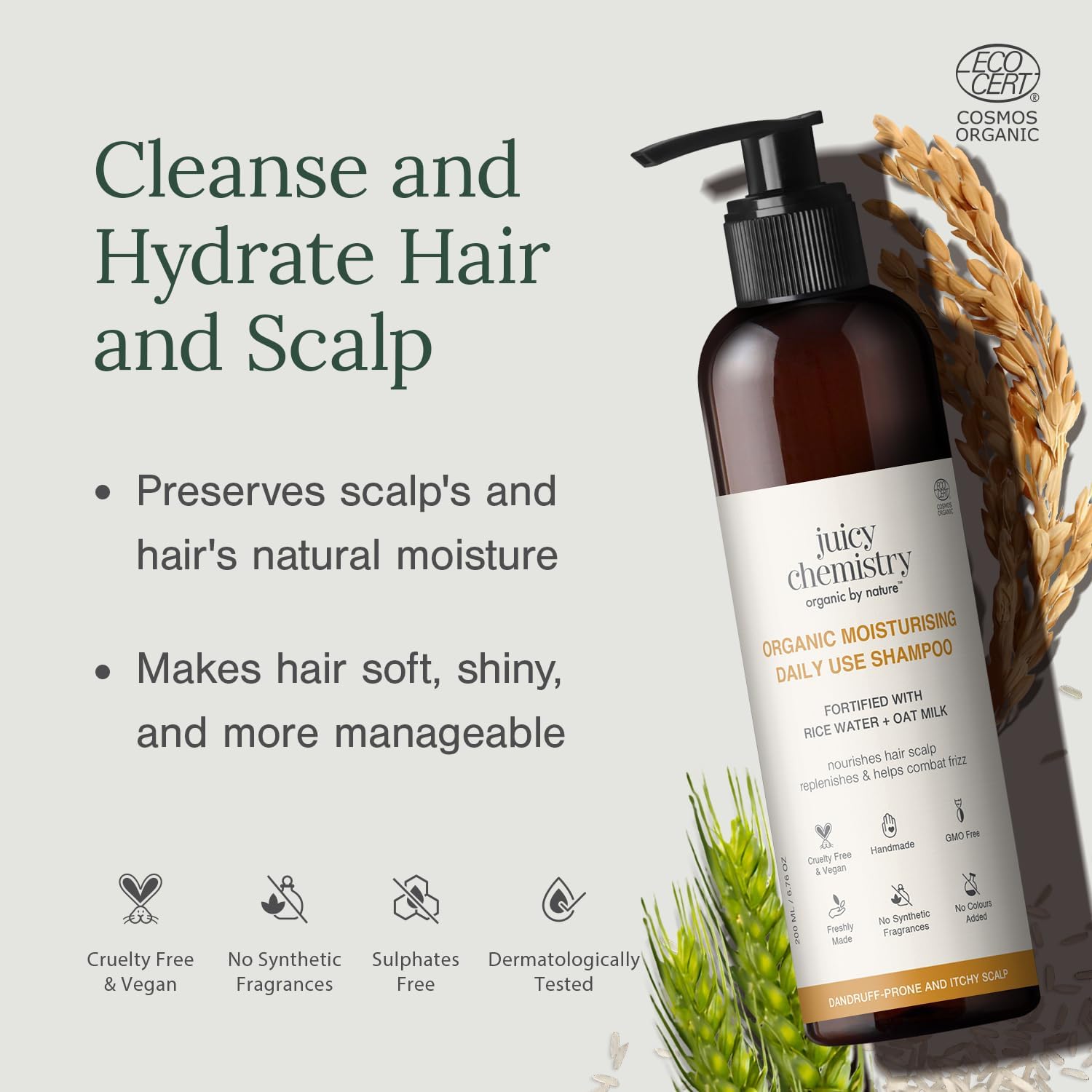 Juicy Chemistry 200ml Dry Hair Moisturising Shampoo Rice Water Oat Milk Vegan Cruelty-Free - Image 2