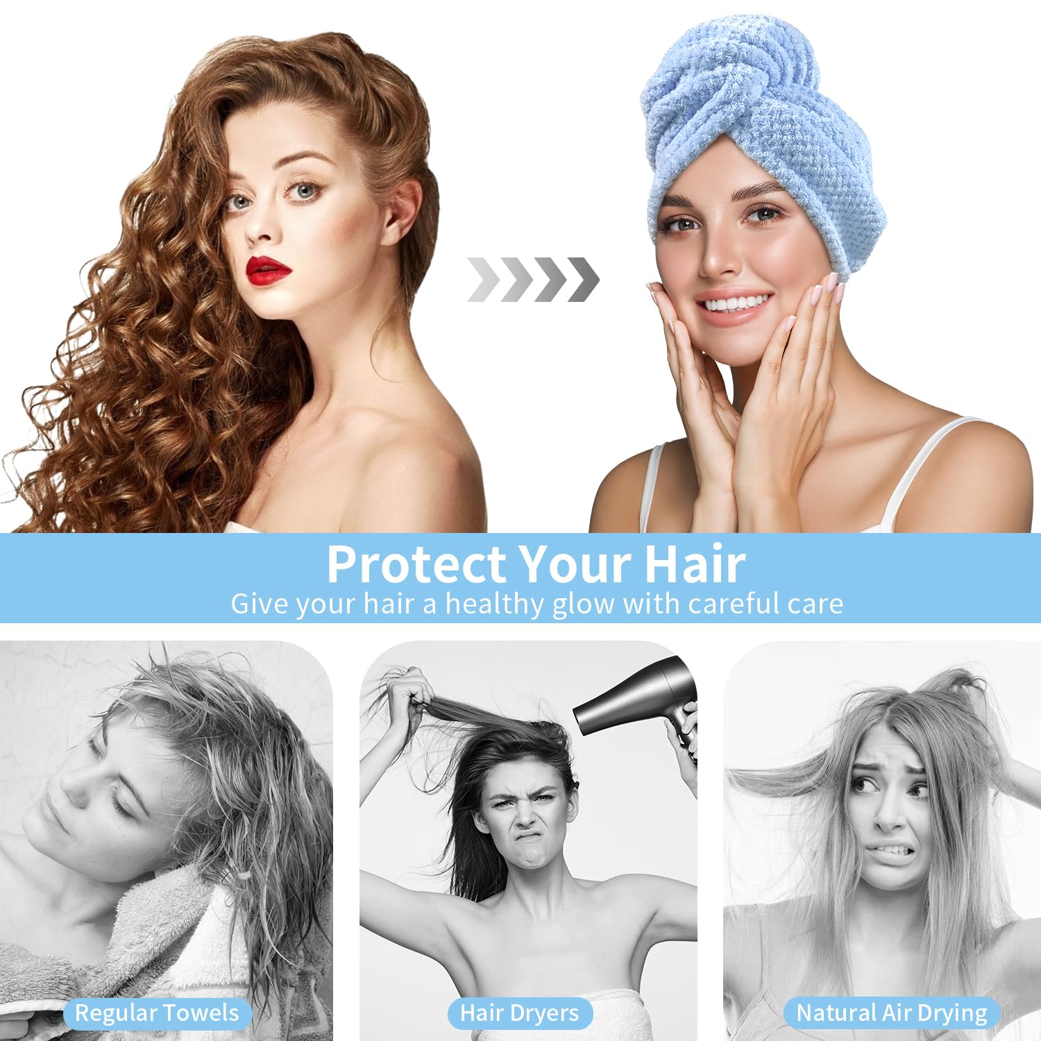 3 Pack Microfiber Hair Towel Wraps for Women, 25.4"x9.8" Quick Dry Super Absorbent Set - Image 5