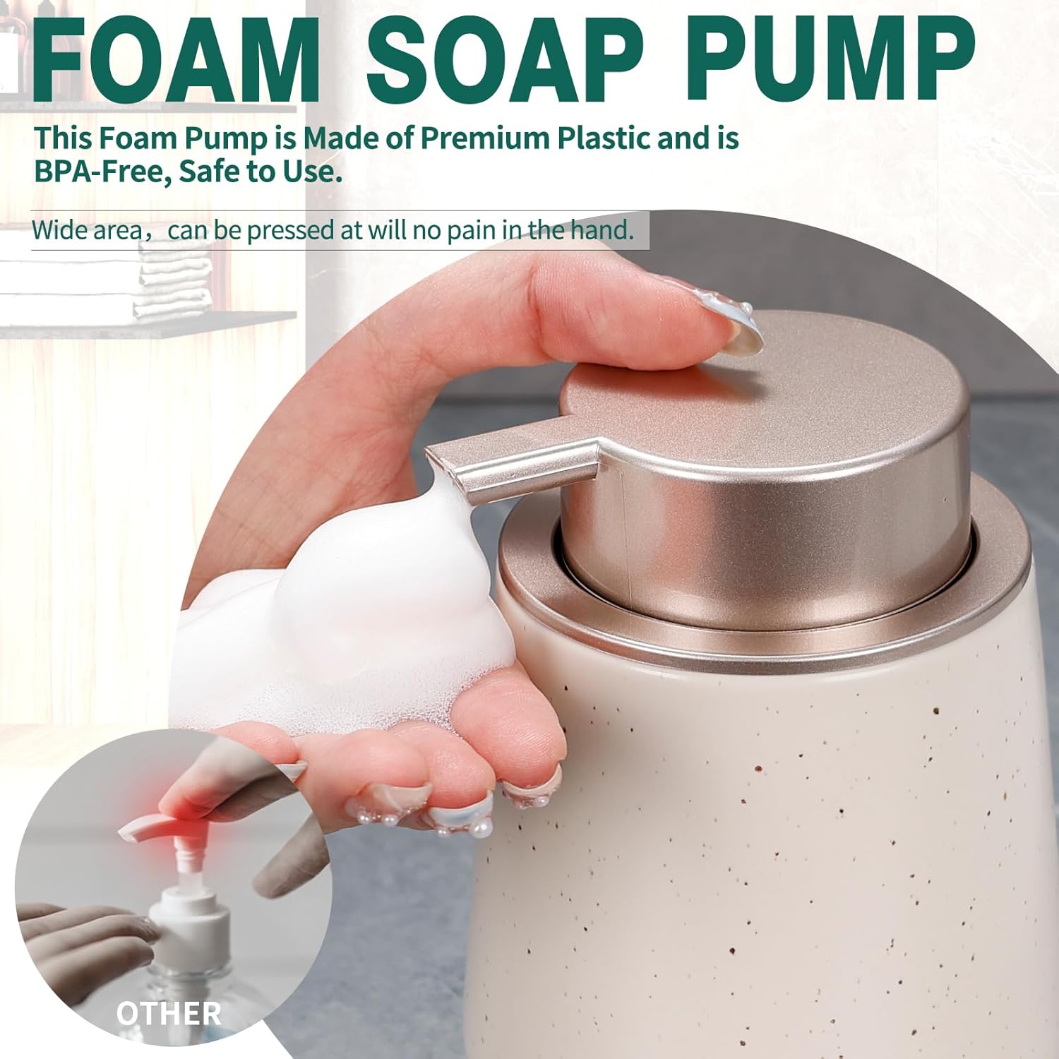 Bosilunlife Ceramic Foaming Soap Dispenser - 12 oz Foam Hand Wash Dispenser Bathroom Countertop Kitchen Dish Soap Pump Dispenser Liquid Soap Dispenser for Bathroom - Image 2
