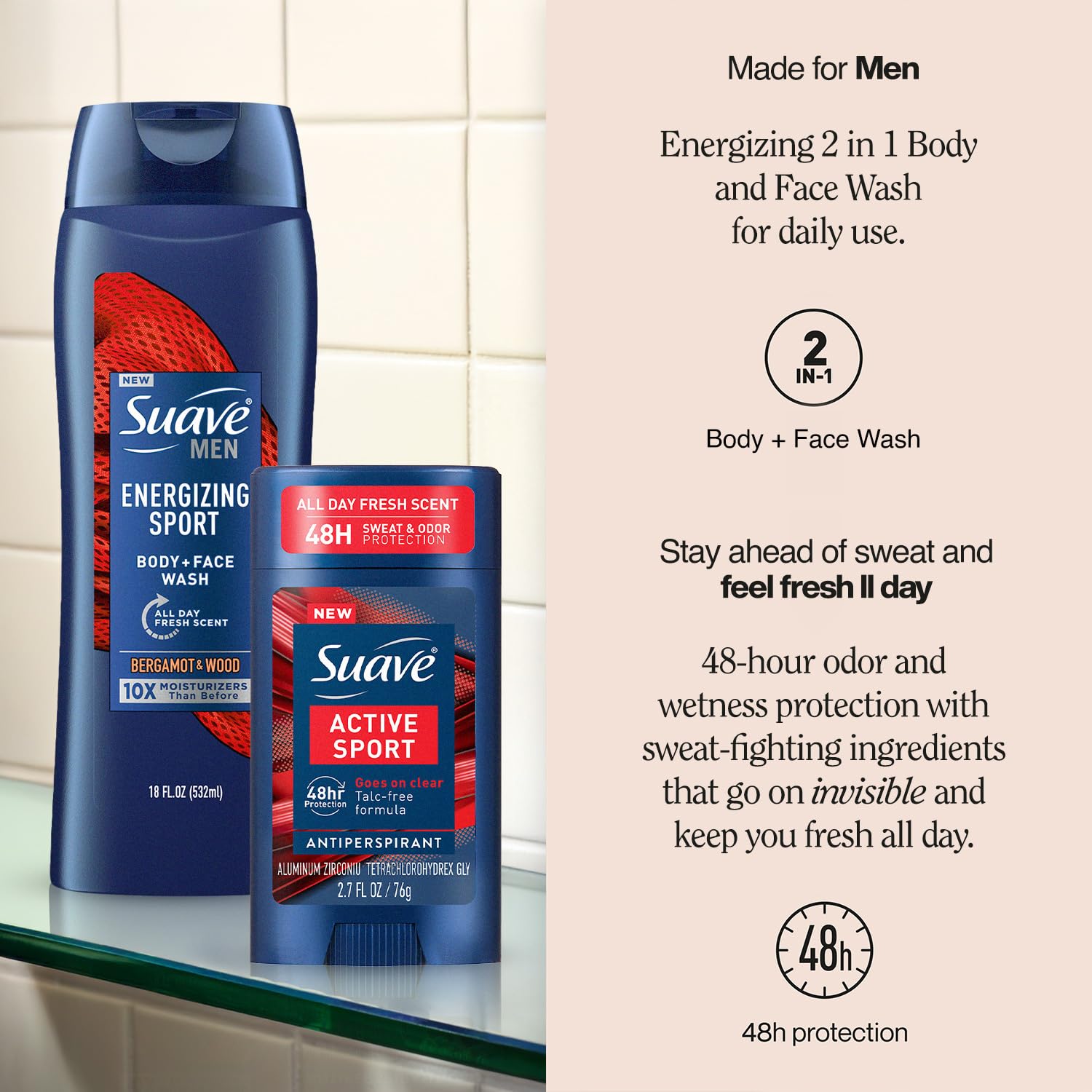 Suave Men’s Body Wash, Energizing Sport + Antiperspirant Deodorant for Men, Active Sport, Bergamot & Wood, 48H Sweat & Odor Protection (2 Piece Set) - Image 3