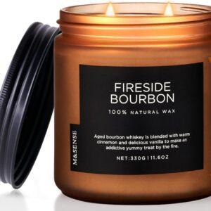 M&SENSE Fireside Bourbon Jar Candle, 11.6oz Clean Soy Wax Campfire Candle, Up to 70 Hours Burn Time Smoky Candle, 2 Wick Cotton Fall Scented Candle for Home Decor, Aromatherapy Candle for Bathroom