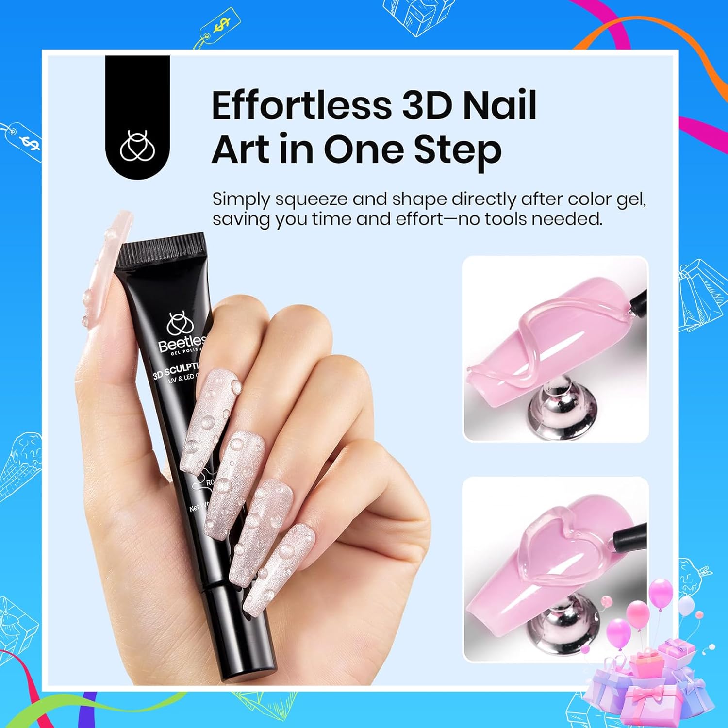 Beetles Sculpting Gel 3D Gel Nail Art Design - 3 in 1 Clear No Wipe Nail Polish Rhinestone Nail Art Glue for Nail Gems Diamond Jewelry Manicure - Image 3