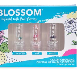 Blossom Moisturizing Scented pH Color Changing Crystal Lip Balm, Strawberry Scented Lip Stain Tint, Infused with Real Flowers, 3 pk, Turquoise/Pink/Purple