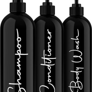 Alora Reusable Shampoo and Conditioner Bottles - Set of 3 - Matte Black - Permanent Stylish Labels - 16oz Pump Bottle Dispenser for Shampoo, Conditioner, Body Wash - Plastic Refillable Containers…