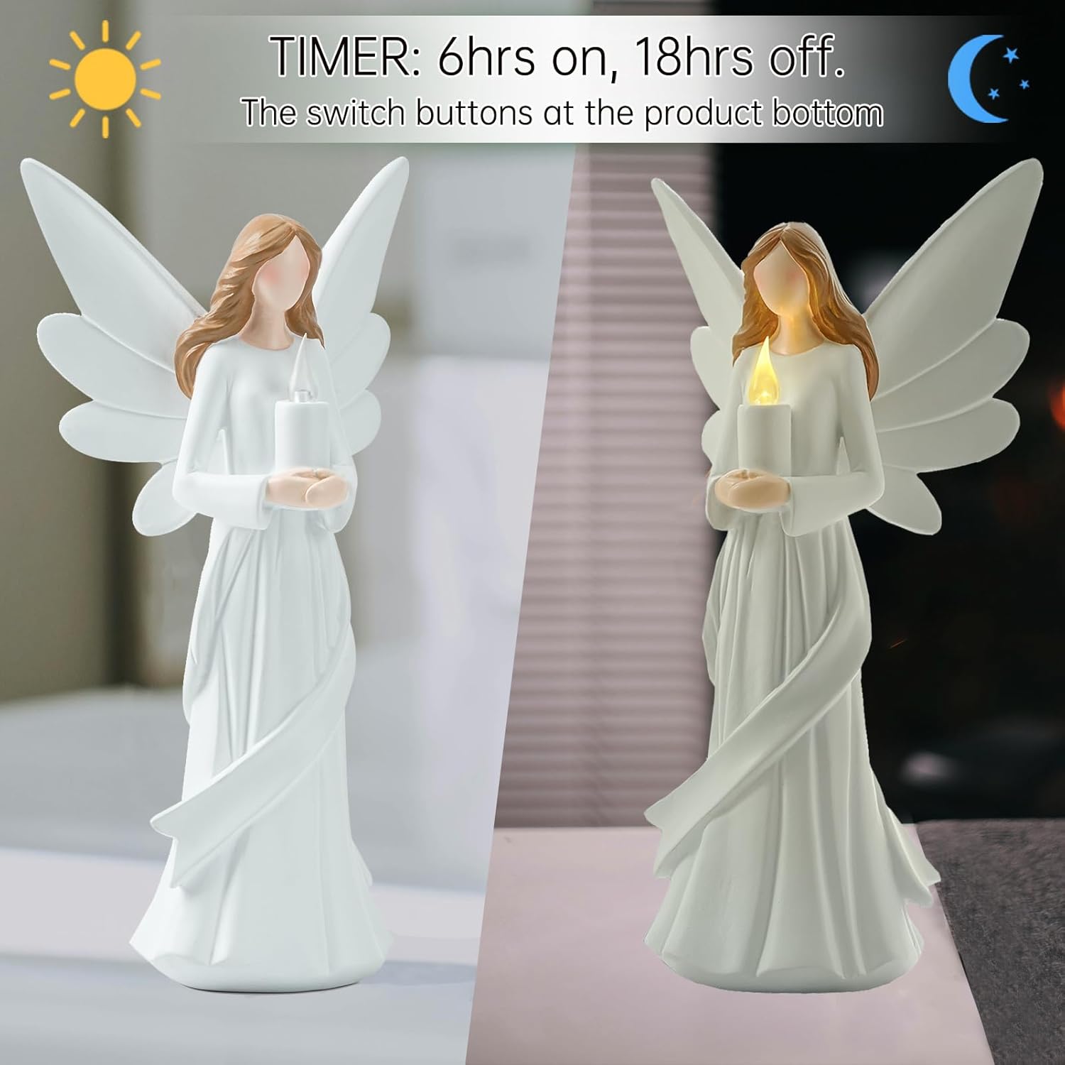 Starryfill 12.2inch Tall Angel Figurine Holds Candle with Timer, Battery Powered Handcrafted Resin Decorative Statue As Gift for Your Family Friends or Home Décor Spiritual Gifts Meditation Spaces - Image 2