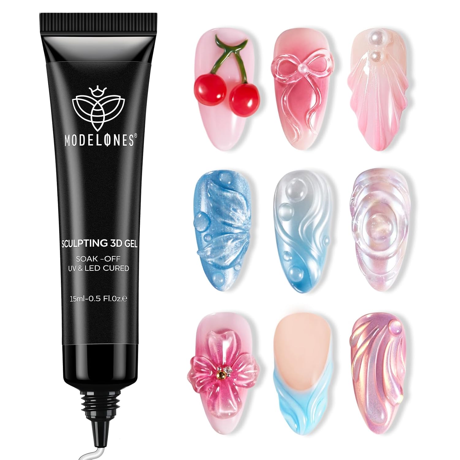 Modelones 3D Nail Gel Art, Sculpting Gel Glue for Molding, Drawing, Nail Charms & Gems, Chrome Powder and Rhinestone Design No Wipe, U V Light Cured Salon & DIY Use