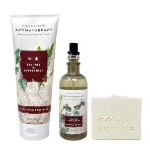 Bath & Body Works Aromatherapy Tea Tree + Peppermint Exfoliating Body Wash and Essential Oil Mist Bundle with a Natural Oats Bar Soap - Full Size