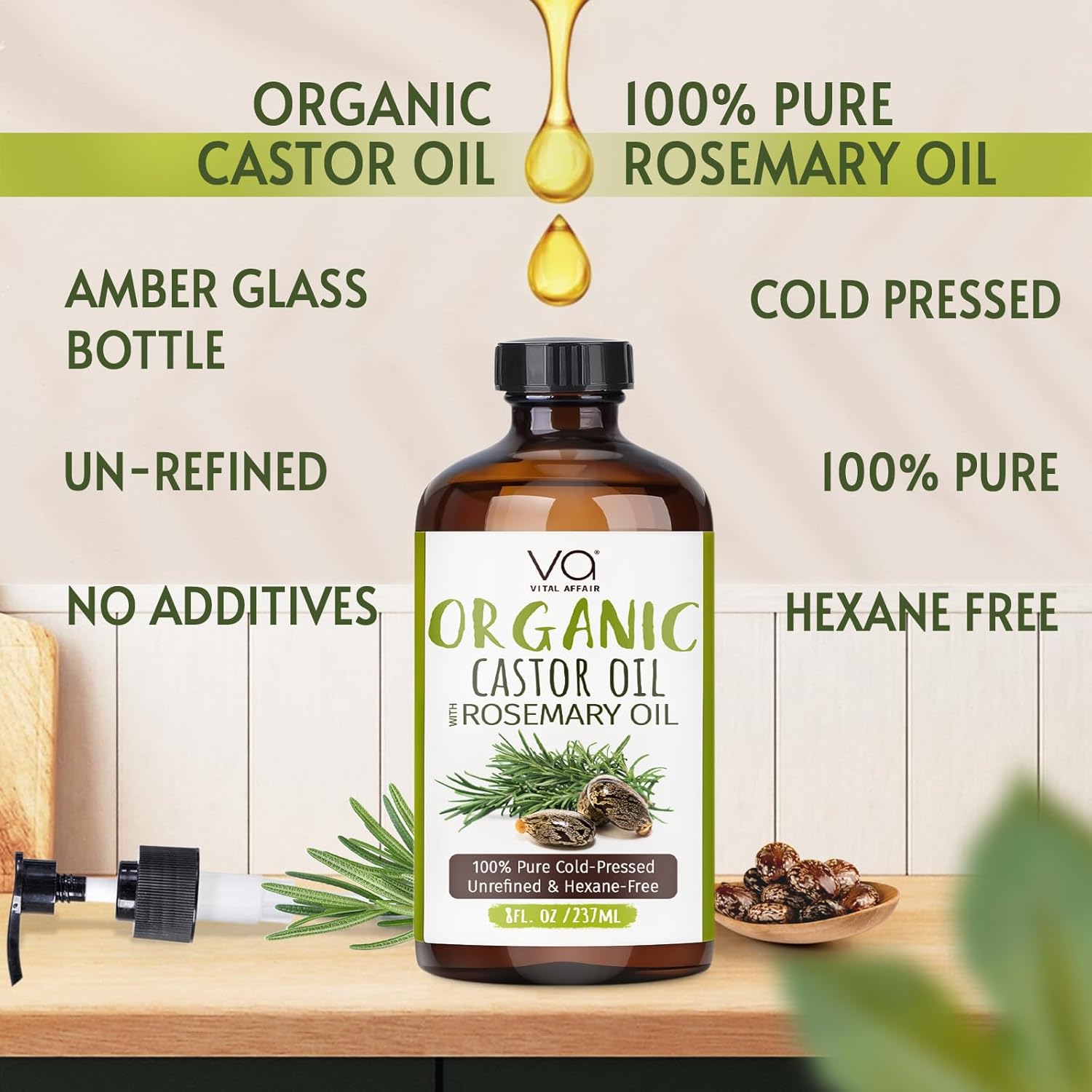 Organic Castor Oil With Rosemary Oil For Hair Growth - 100% Pure Rosemary Hair Oil With Pure Castor Oil Cold Pressed Unrefined Glass Bottle - Strengthening & Volumizing 8 Fl Oz - Image 2