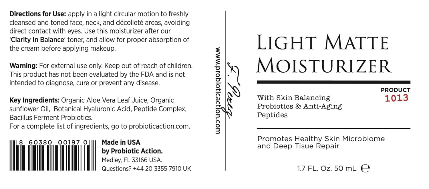 Probiotic Action® Light Matte Moisturizer - Probiotic help prevent Acne, Rosacea, and Eczema. The Probiotic and Peptide Maintains the glow, softness, and tightness of clear skin.
