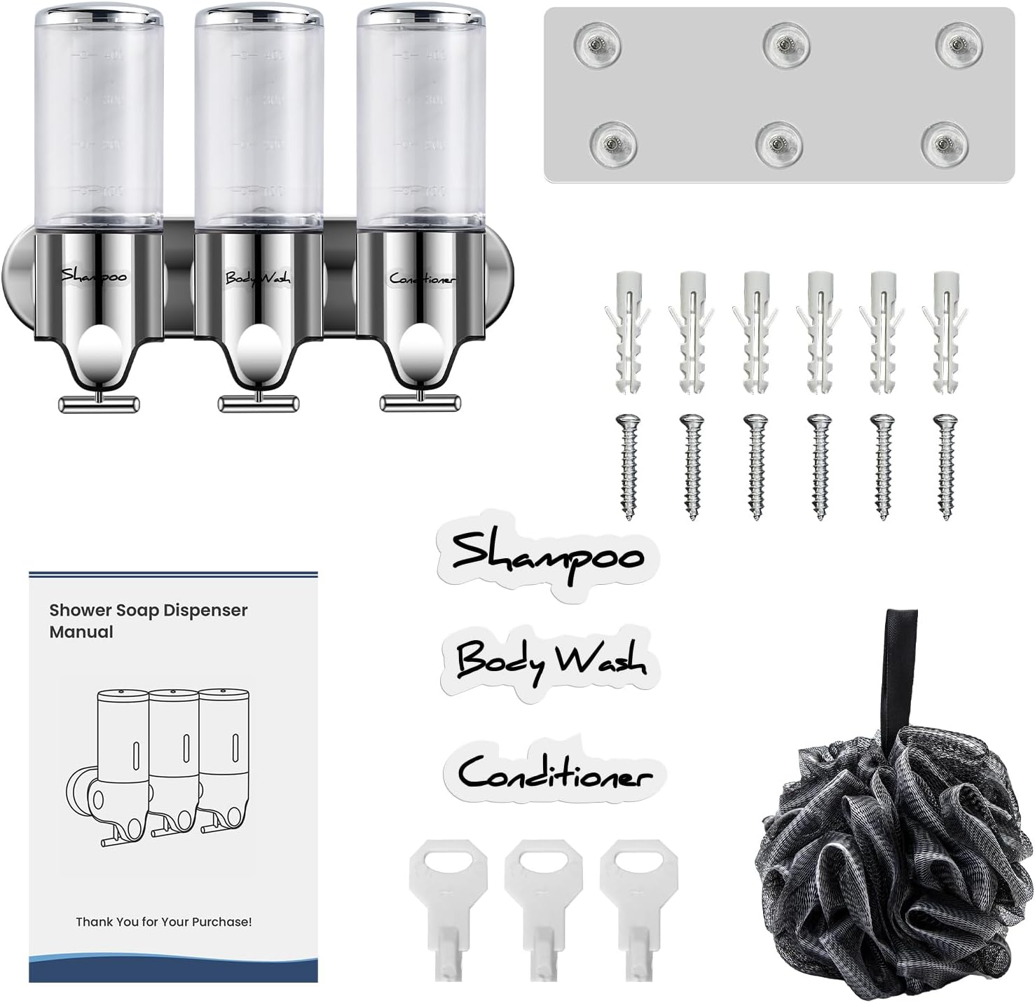 3 Chamber Wall-Mounted Soap Dispenser Refillable, 3 x 500ml Capacity - Image 6