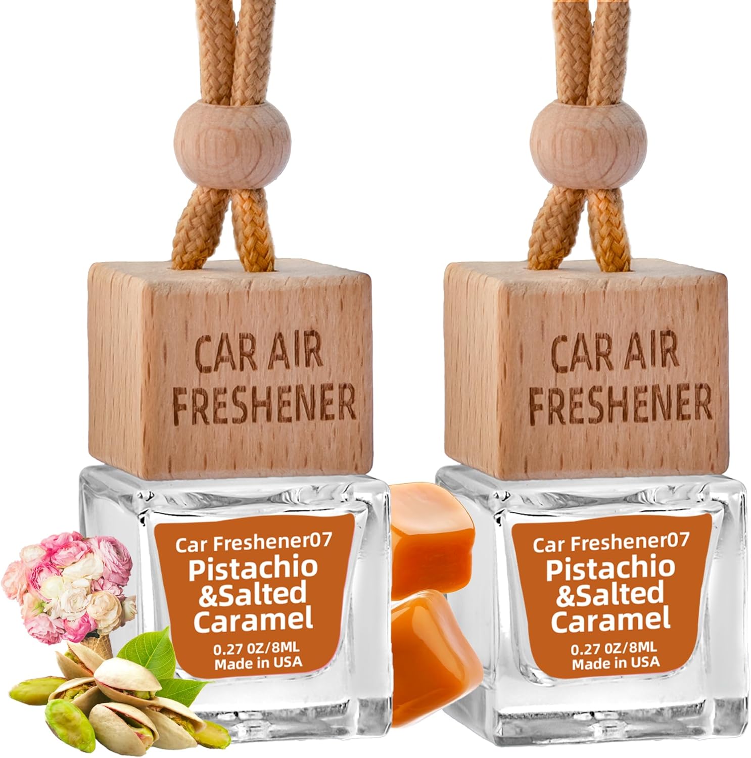 Bayrumber Hanging Car Freshener, 2 x 8ml Long-Lasting Natural Air Diffusers, Pistachio & Salted Caramel, Non-Toxic & Eco-Friendly Car Accessories, Gift for Women, Lasts Up to 90 Days, Made in USA