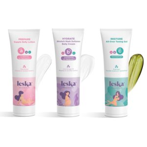 Leska Maternity Set | Belly Lotion, Stretch Mark Defense Cream, All-Over Toning Gel | All Maternity Stages Skincare System for Pregnancy & Postpartum | New Mom Gifts (Set of 3, 4oz each)