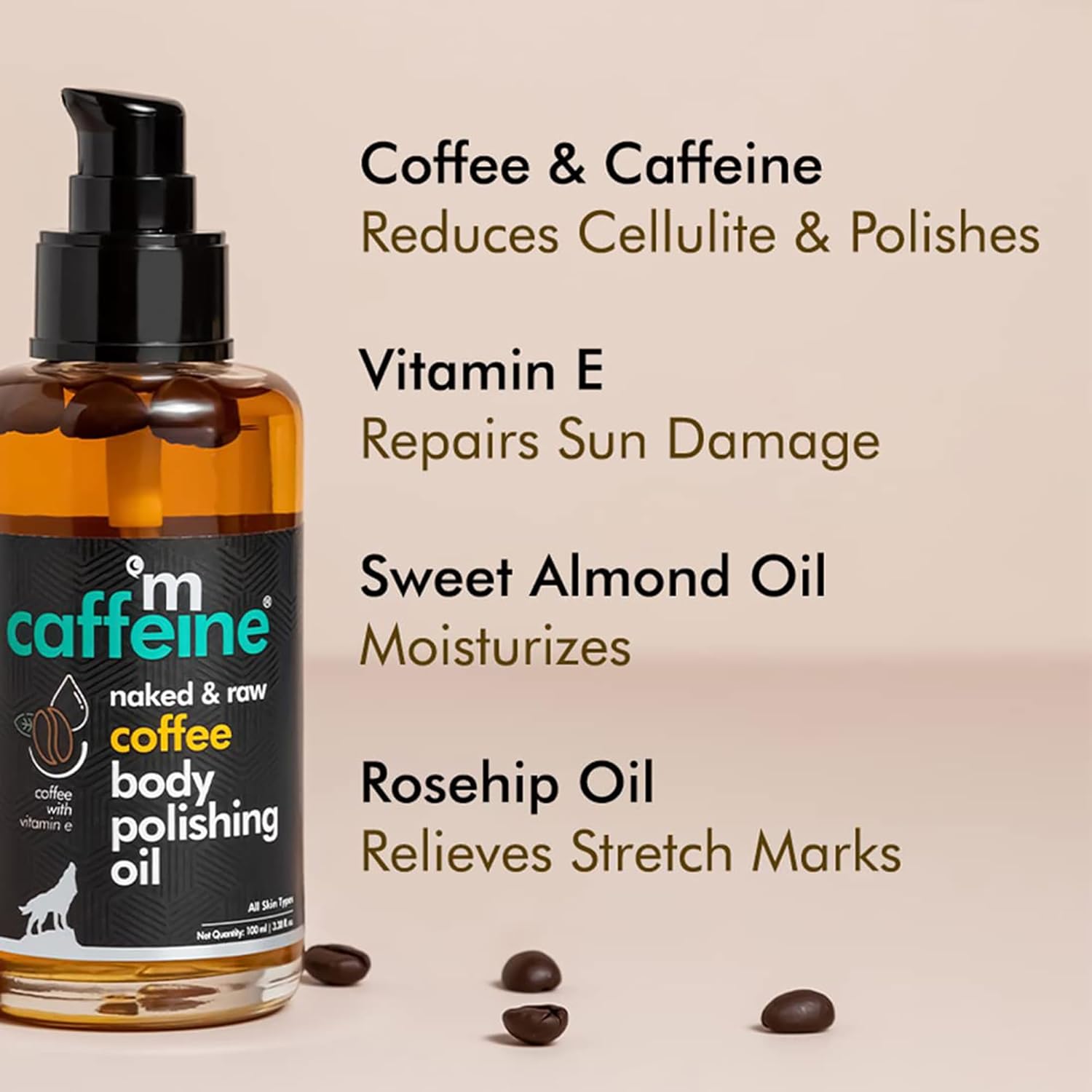mCaffeine Coffee Body Polishing Oil (100ml) for Reducing Stretch Marks and Cellulite | With Olive Oil and Vitamin E for a Soft and Moisturized Skin | Natural and Vegan Oil for Daily-Use - Image 2