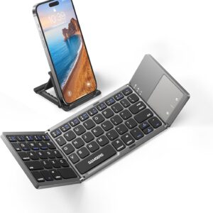 Samsers Foldable Bluetooth Keyboard with Touchpad, Portable Wireless Keyboard with Stand Holder, Rechargeable Full Size Ultra Slim Pocket Folding Keyboards for Android Windows IOS Tablet & Laptop-Gray