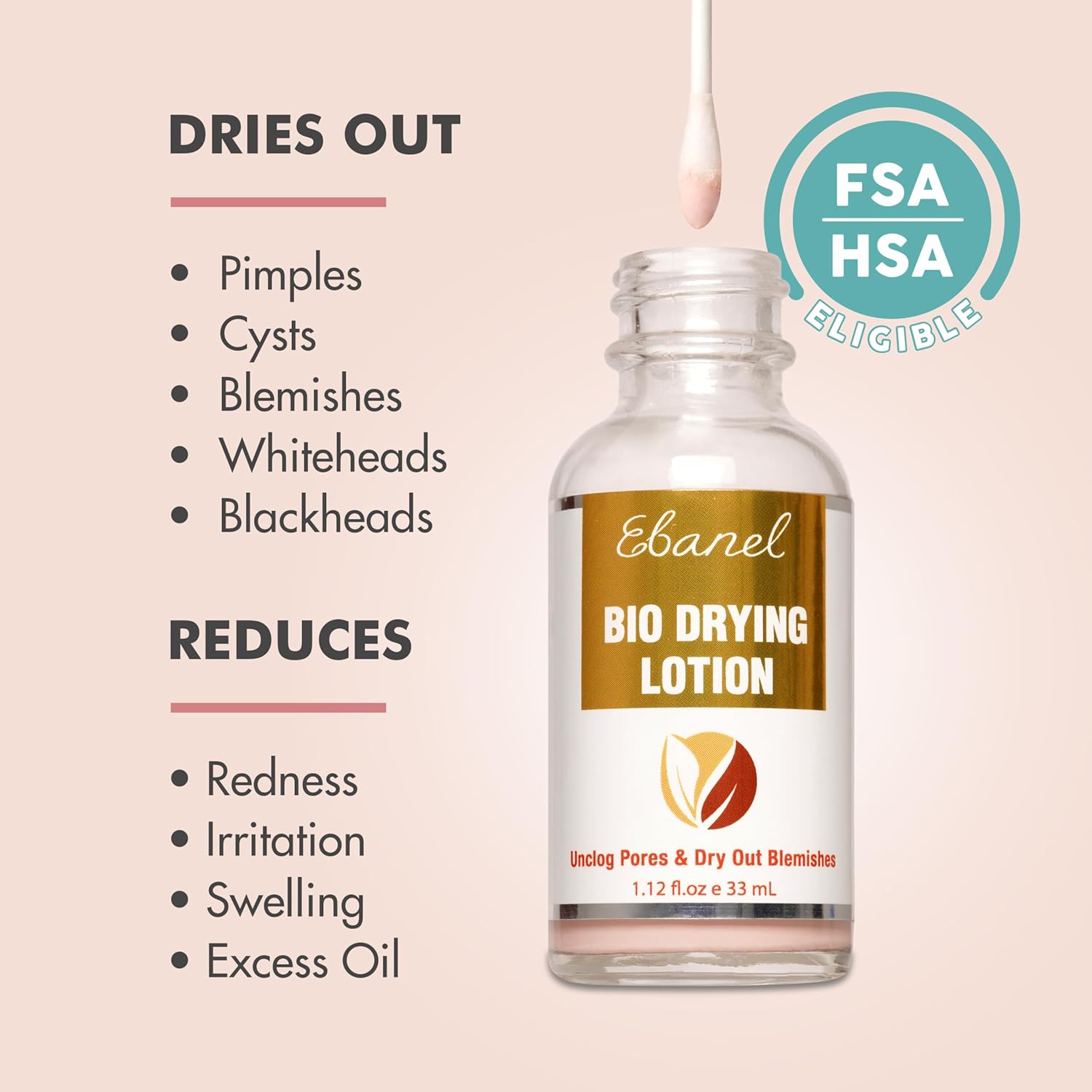 Ebanel FSA HSA Acne Spot Treatment Drying Lotion for Face and Body with Sulfur and Salicylic Acid for Cystic and Hormonal Acne, Unclogs Pores, Dries Out Pimples, Cysts, Blemishes, and Zits Overnight - Image 3