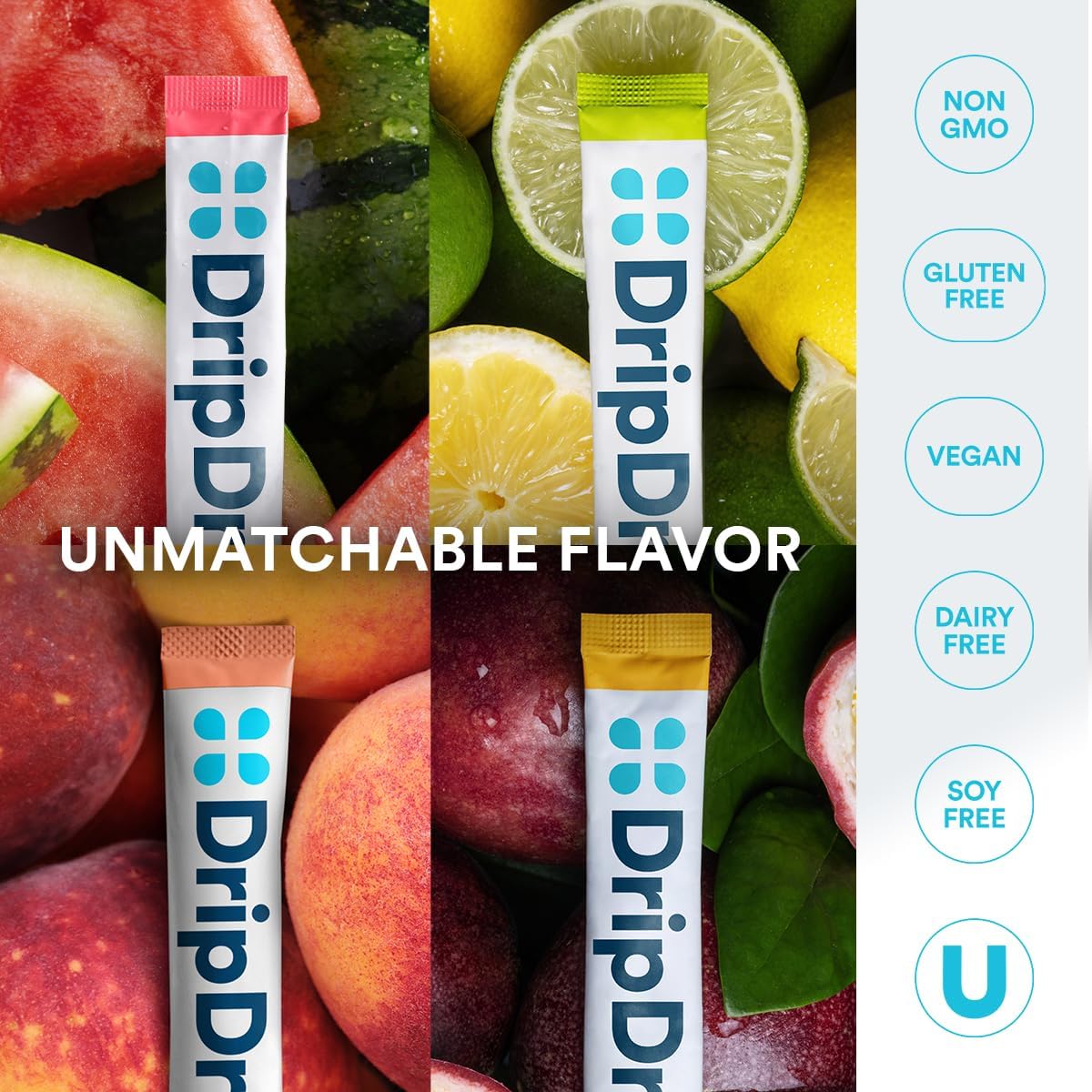 DripDrop Sugar Free Hydration Packets - Zero Classic Variety Pack - Single Serve Electrolytes Powder Drink Mix - Lemon Lime, Watermelon, Peach, Passion Fruit - Non-GMO, Gluten Free, Vegan - 16 Sticks - Image 7