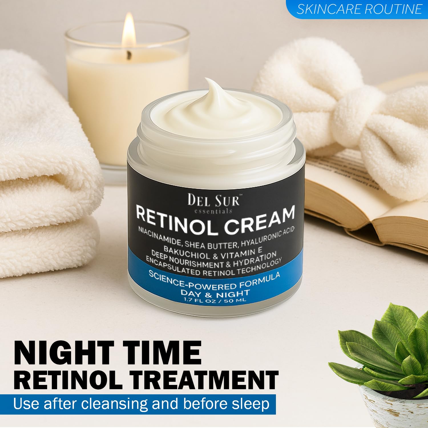 DEL SUR Retinol Face Cream 50ml Anti-Aging Night Moisturizer with Hyaluronic Acid Bakuchiol Niacinamide - Image 2