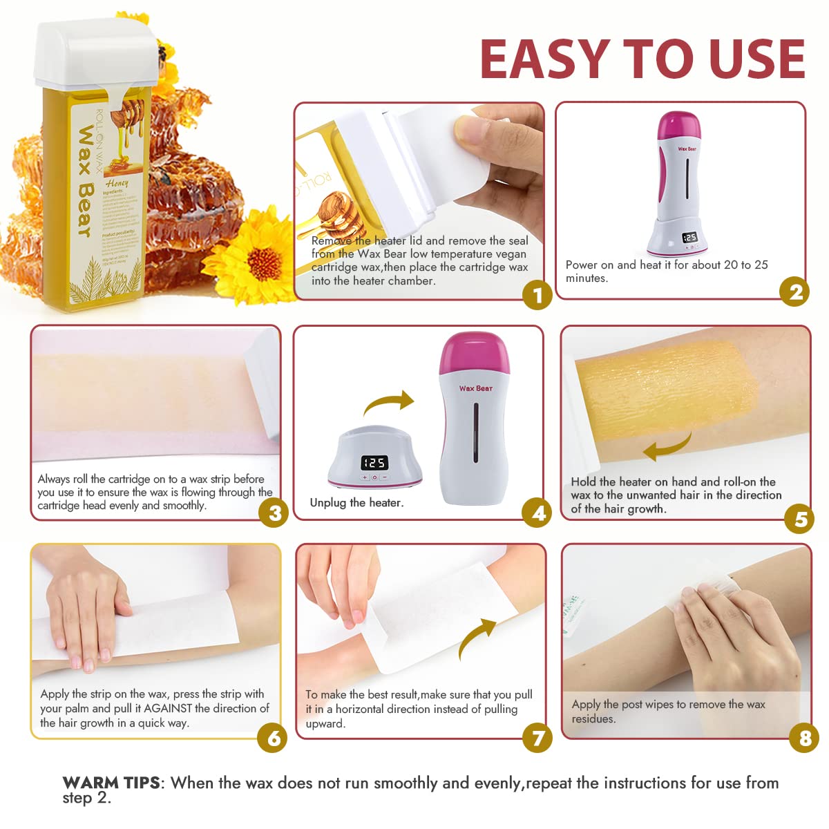 Roll On Wax Kit for Hair Removal,Digital Wax Roller Waxing Kit for Women with Wax Cartridge Refills, Wax Heater with Detachable Magnetic Base (Bright White) - Image 5