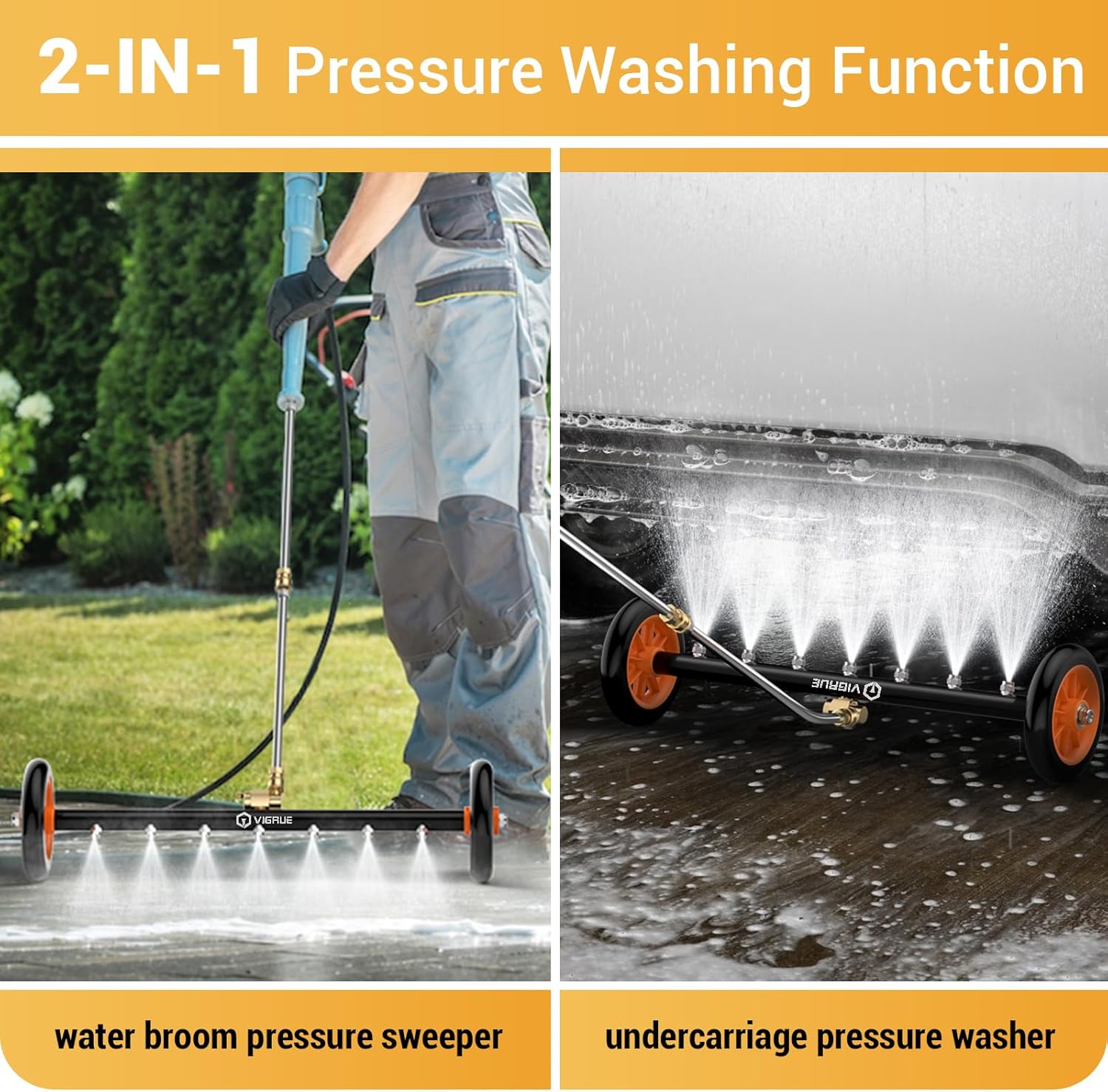 VIGRUE 2-in-1 undercarriage Pressure Washer Attachment,24 Inch Pressure Washer Water Broom with 7 Nozzles,Under Car Washer Cleaner with 3 Pieces Extension Wand,4000 PSI,Orange - Image 5