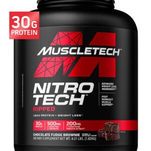 Muscletech Whey Protein Powder (Chocolate Fudge Brownie, 4LB) - Nitro-Tech Ripped Whey Protein Isolate & Peptides Smoothie Mix for Lean Muscle & Fast Recovery - 30g of Whey Protein for Women & Men